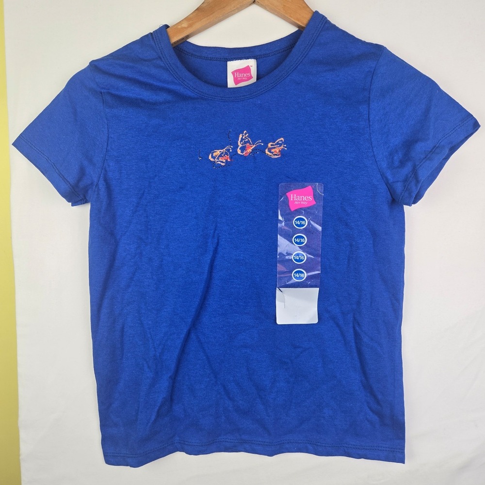 Vintage Hanes Her Way Girls sz M Blue butterfly cotton T-Shirt